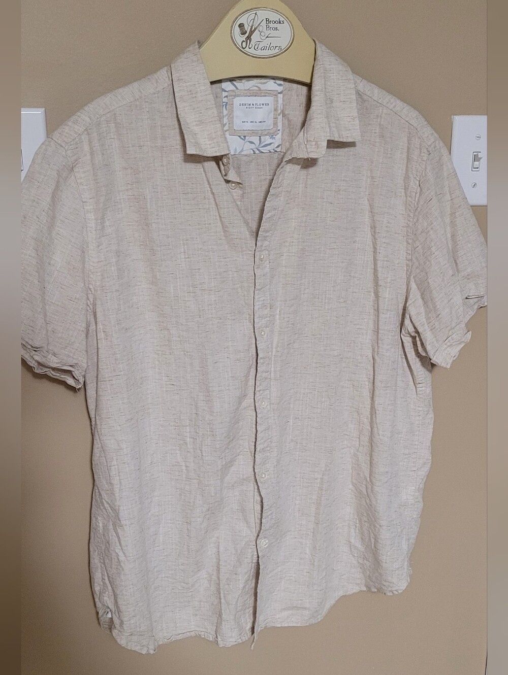 Denim & Flower Short-Sleeve Button-Down Shirt in Light Beige